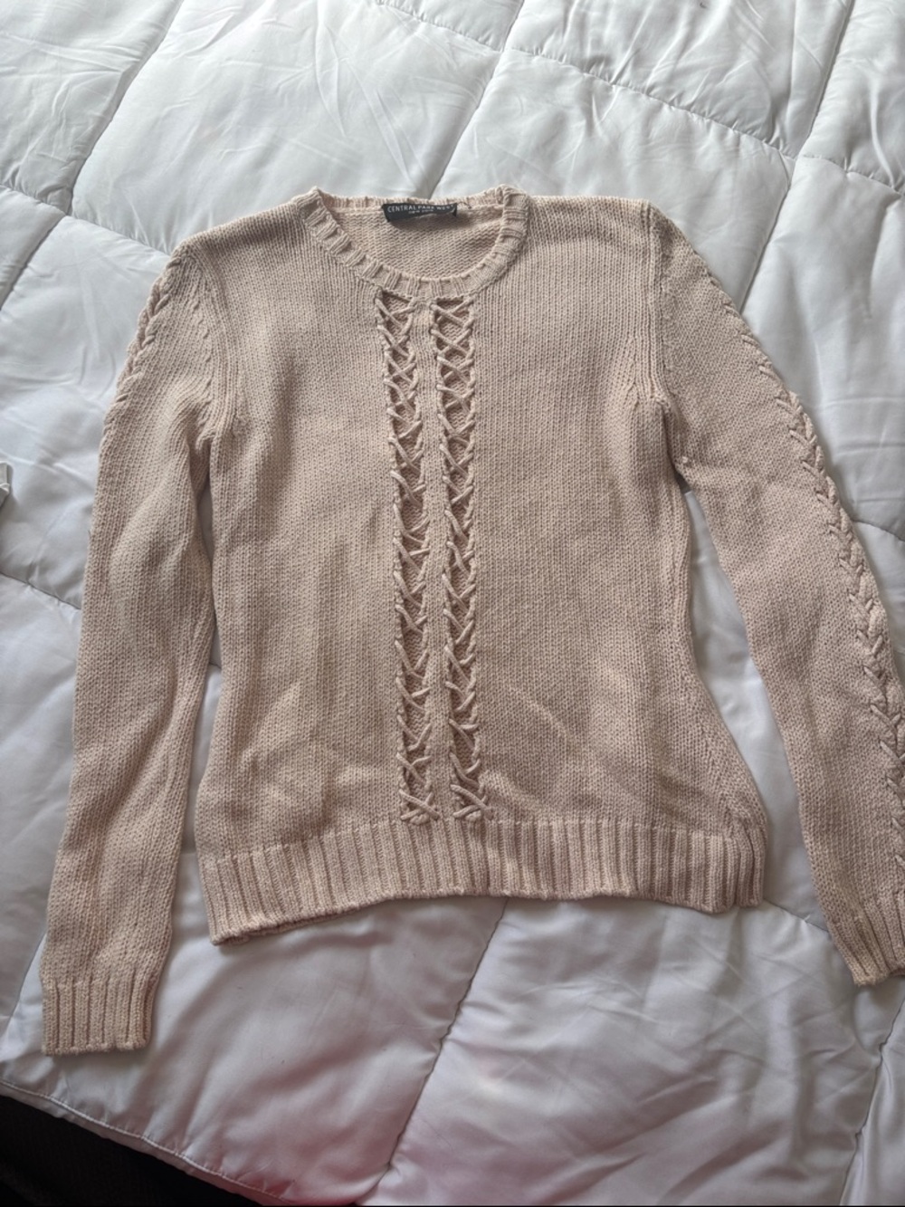 Central Park West Cream Cable-Front Crewneck Sweater